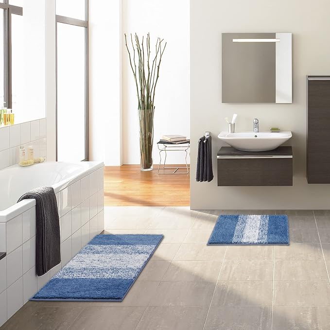 Vaukki Luxury Soft Bathroom Rugs Set of 2, Blue Non Slip Bath Floor Mat | Microfiber Shaggy Plush Absorbent Striped Washable Bath Carpet for Tub, Bathroom and Shower, 18''x26''+20''x32''