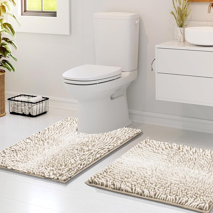 Hearth & Harbor Bathroom Rugs, Chenille Bath Mat - Machine Washable Bath Mats for Bathroom Non-Slip Backing Rubber, Quick Dry Bathroom Mat, 17 x 24 + 20 x 24 - Ombre Beige