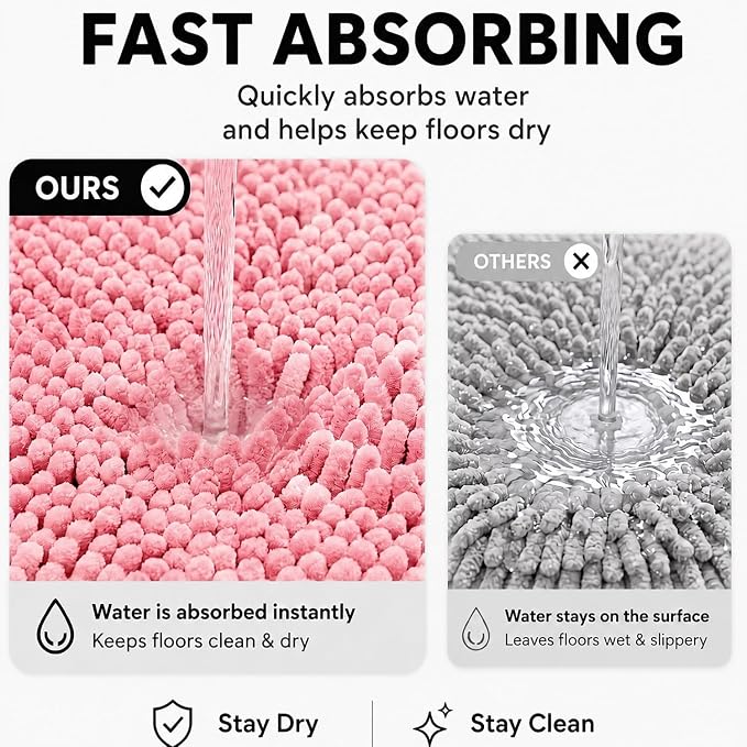 Bathroom Rugs Sets 2 Piece,Super Absorbent Soft,Thick,Machine Washable Chenille Bath Mat,Non Slip Toilet Floor Rug,Bath Mats for Bathroom,20x32 Plus 20x20 U Shape,Pink