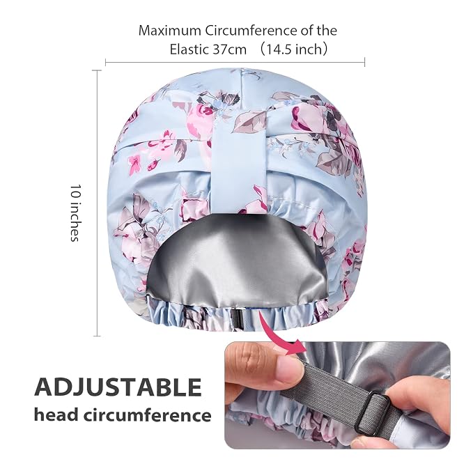 INNELO Shower Cap for Women Reusable Waterproof, Double Layer, Satin Lined | Bath Cap, Adjustable Elastic Strap, Large Size for Short Long Curly Hair, Soft Silky Lined, Anti Frizz, Shower Essentials