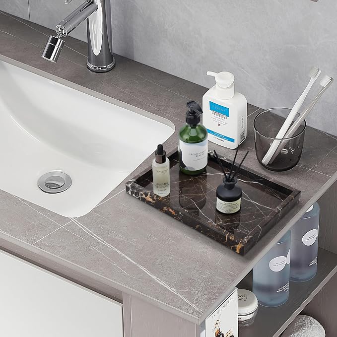 Real Natural Marble Tray for Bathroom, Vanity, Kitchen and Desktop, Rectangle Genuine Marble Stone Tray for Jewelry, Cosmetics, Candles, Lotion, Perfume and Home Decor Brown