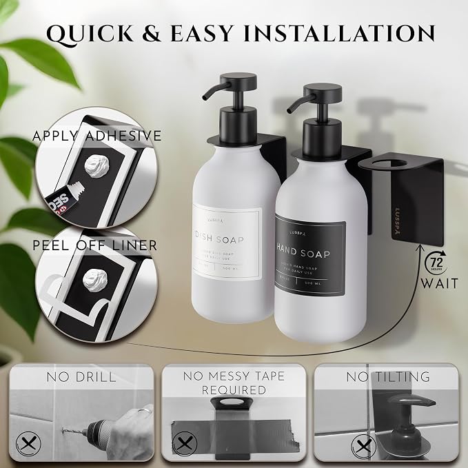 Shower Shampoo Dispenser Wall Mounted – 3 Refillable 16.9 oz White Bottles with Stainless Steel Pumps & No-Drill Adhesive Holders – Soap Dispenser Set for Bathroom (3 X White/Black)
