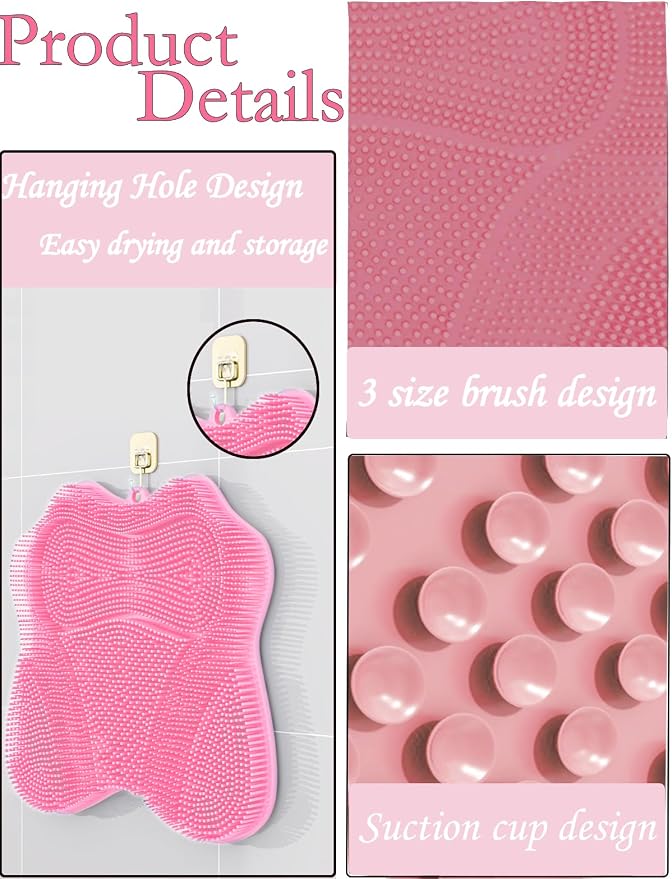 Shower Foot Scrubber Mat,Wall Mounted Back Scrubber Silicone Bath Massager Cushion Brush with Non-Slip Suction Cups,Foot Scrubber for Use in Shower for Improve Skin Exfoliation(Pink)