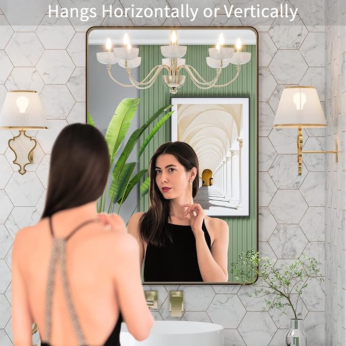 LOAAO 24”X36” Bronze Bathroom Mirrors for Vanity, Rounded Rectangle Brushed Bronze Metal Frame Mirror, Anti-Rust, Hangs Horizontally or Vertically | Rounded Rectangle, Brushed Bronze Metal Frame, Anti-Rust, Hangs Horizontally or Vertically