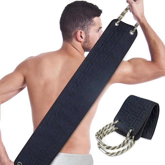 38 Inch Exfoliating Back Scrubber for Shower, Back Washer, Black | Dual Handles Wider Bath Exfoliator, Full Back Coverage without Straining, Dual-Sided for Deeper Cleansing, Men & Women Acne