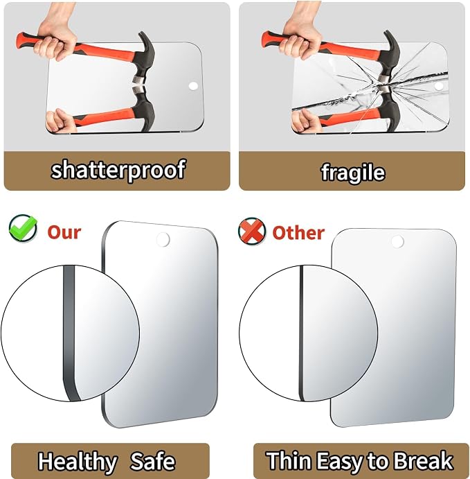 Shatterproof Shower Mirror Fogless for Shaving,(Large 11.17x8.08 Inch) Anti Fog Shaving Mirror Holder NO-Drilling, No Fog Free Waterproof,Medium Wall Mounted Bathroom Accessories Camping Hanging Men