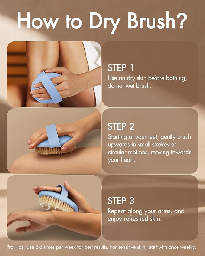 Dry Brushing Body Brush for Massage - Natural Boar Bristle Exfoliating Brush with Massage Nodes for Lymphatic Drainage, Cellulite, Blood Circulation Improving Skin Health for Women Men Elderly(Blue)