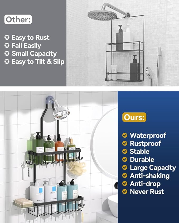 YASONIC Never Rust Shower Caddy Hanging, Aluminum Shower Racks for Inside Shower, 2-Tier Shower Organizer Hanging Over Shower Head with Hooks and Soap Holder, Black