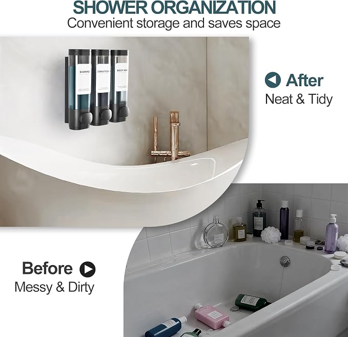 Shampoo Conditioner Shower Soap Dispenser 3 Chamber Wall Mount Black | Refillable. Leakproof 900ml. No-Drill Wall Mount. Soap, Shampoo, Conditioner, Body Wash, Shower Gel, Bathroom Set. BPA-Free.