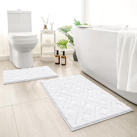 HOMEIDEAS White Bathroom Rug Set 2 Piece, 20"x32"+16"x24" | Soft Microfiber Tufted Bath Mats, Super Absorbent, Non Slip, Machine Washable for Everyday Use
