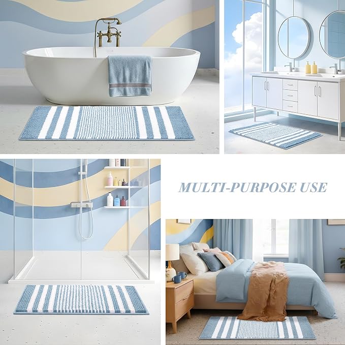 Bathroom Rugs, 20x32 Chenille Bath Mats, Light Blue | Extra Soft Absorbent, Non Slip Striped, Quick Dry Machine Washable, Modern, Shower Rug for Bathroom Bedroom Decor