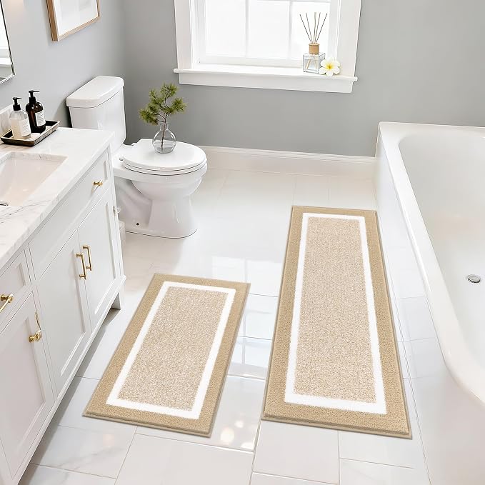 Pauwer Bathroom Rugs Sets 2 Piece, Non Slip Washable Bath Mat, Beige | Soft Plush Microfiber, Super Absorbent Floor Carpet, Quick Dry, Shaggy Shower Rug Runner