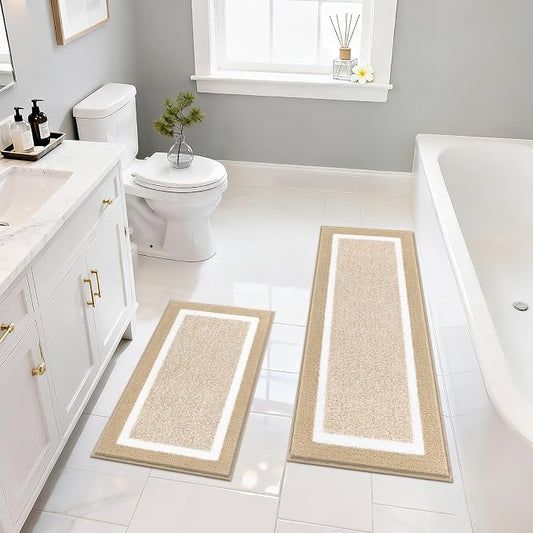 Pauwer Bathroom Rugs Sets 2 Piece, Non Slip Washable Bath Mat, Beige | Soft Plush Microfiber, Super Absorbent Floor Carpet, Quick Dry, Shaggy Shower Rug Runner
