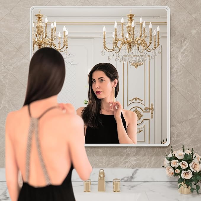 LOAAO 30x30 Inch White Metal Framed Bathroom Mirror for Wall | Rounded Rectangle Bathroom Vanity Mirror, Anti-Rust, Hangs Horizontally or Vertically