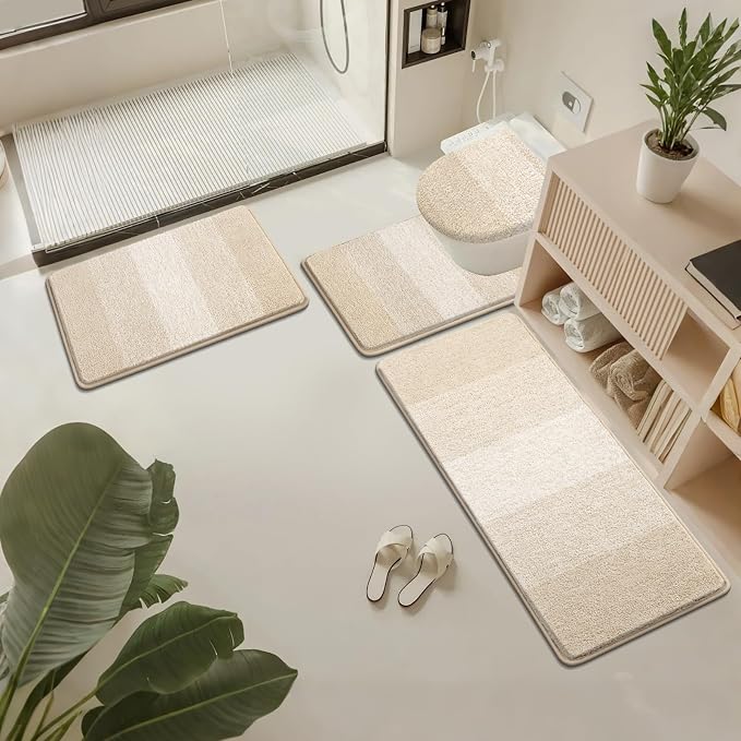 Bsmathom Bathroom Rug Set 4 Piece, Plush Microfiber Bath Mat, Light Beige | Extra Water Absorbent, Non Slip Washable Runner Bath Rugs with Toilet Lid Cover and U-shaped Contour Toilet Mat