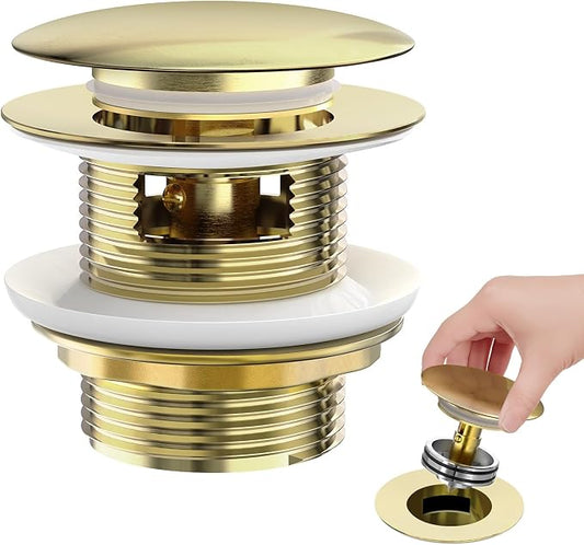 BOTEMY Solid Brass Pop-Up Drain for Freestanding Tubs, Tool-Free Installation Bathtub Drain Stopper with Brushed Gold Finish, Universal Fit 1.8" Hole Size, Leak-Proof Heavy Duty Design (Brushed Gold)