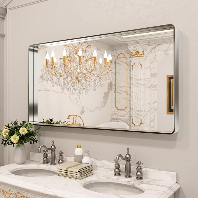 LOAAO 55X30 Inch Brushed Nickel Bathroom Mirror, Rounded Rectangle Silver Metal Frame Mirror, Brushed Nickel, Anti-Rust, Shatter Proof, Hangs Horizontally or Vertically | Rounded Rectangle, Silver Metal Frame, Anti-Rust, Tempered Glass, Hangs Horizonta...