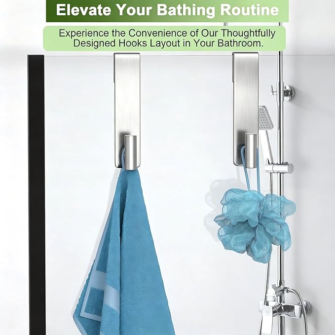 Shower Door Hooks, Heavy Duty Rack Hooks for Robe, Stainless Steel Robe Towel Hooks for Bathroom, Fits Frameless Glass Shower Doors up to 3/8" (10mm) Thick (Silver, 2 Pack)