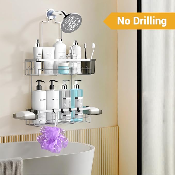 Hanging Shower Caddy Over Showerhead - Rustproof No Drill Shower Organizer | Includes Soap Holder and Hooks for Shampoo, Conditioner, and Bathroom Essentials with Quick Drainage Design