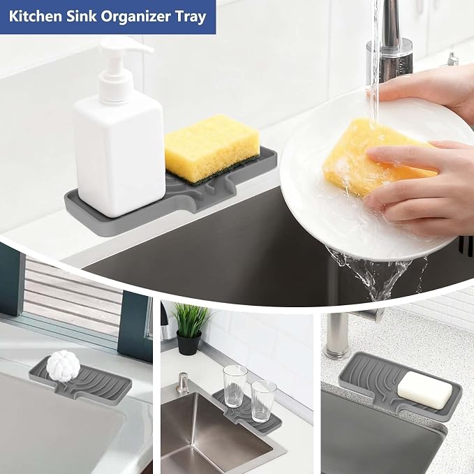 JACZZO Silicone Sponge Holder for Kitchen Sink, (10x4 In) Sink Caddy with Drain Spout, Self Draining Soap Tray & Organizer, Kitchen Accessories,Bathroom Organizer, Easy to Clean (Grey)