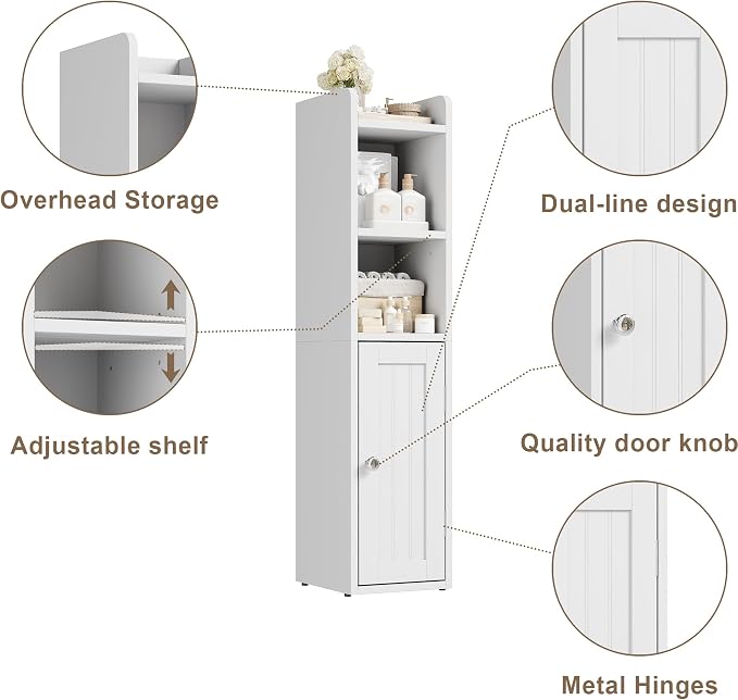ChooChoo Small Bathroom Storage Cabinet, 7.1“W * 7.9”D Corner Floor Cabinet with Door and Adjustable Shelf, Narrow Toilet Paper Cabinets, Slim Bathroom Organizers for Small Spaces and Bathroom, White