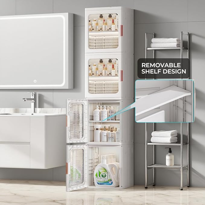 4-Tier Narrow Storage Cabinet Foldable Plastic Bathroom Organizers with Magnetic Doors & Adjustable Shelves, Slim Storage for Small Spaces Pantry Kitchen Laundry Room Quick Assembly, White