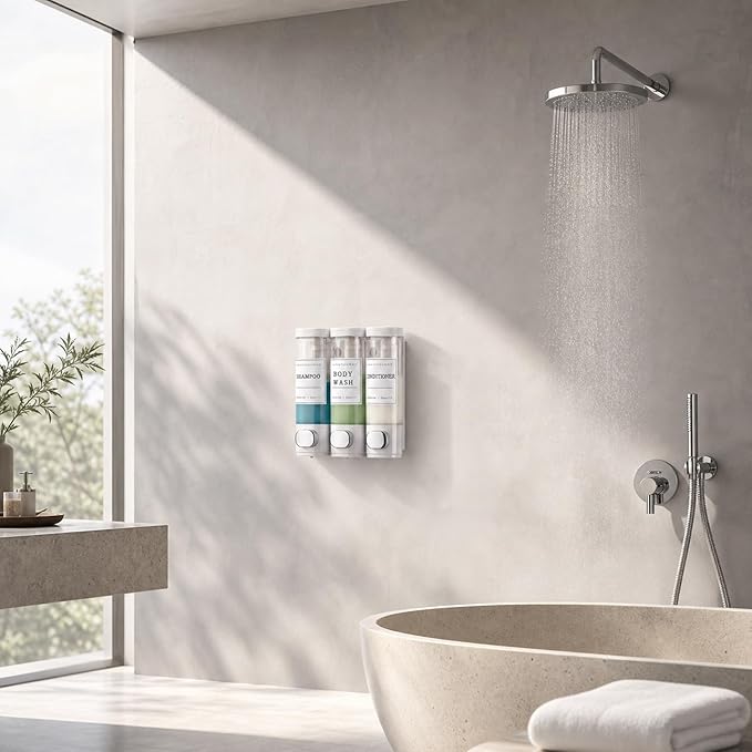 Shampoo and Conditioner Dispenser, Shower Soap Dispenser Wall Mounted, Shampoo Dispenser for Shower Wall No Drill, Bathroom Body Wash Dispenser 3 * 350ml White 3 Chamber