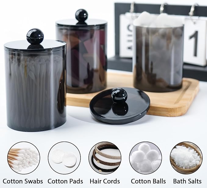 2 Pcs Acrylic Qtip Holder, Cotton Ball Holder Jars with Lids, Black | Apothecary Jars for Cotton Swabs, Balls, Pads and Floss Picks, Bathroom Vanity Organizer