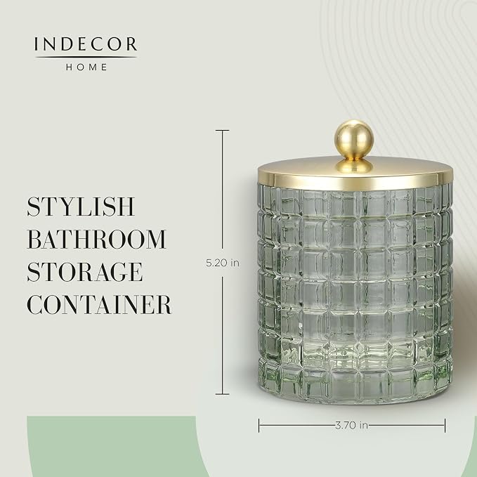 Sage Colored Tranlucent Apothecary Etched Geometric Grid Glass Jar W/Gold Metal Lid Cover for Bathroom Organization, Cotton Balls, Q Tips, and Small Accessories, Bathroom Storage