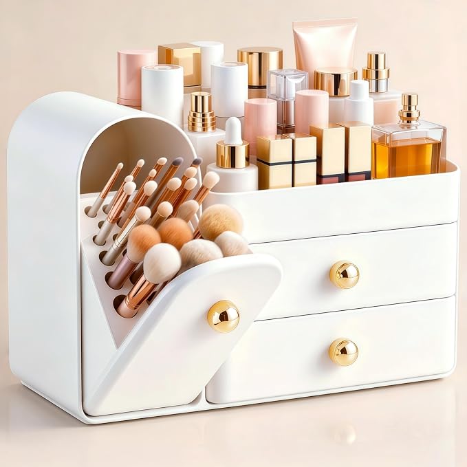HBlife Makeup Organizer Countertop with Drawers, Vanity Organizers with Brush Holder, Bathroom Counter Organizer for Perfume, Nail Polishes, Lipsticks, Skincare and Eyeshadow Palettes, White