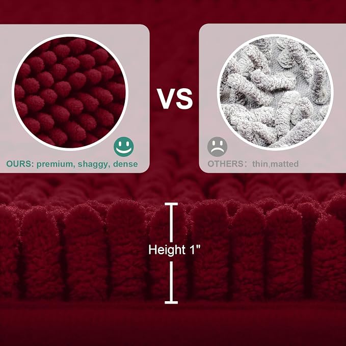 HOMEIDEAS 3 Pieces Burgundy Bathroom Rugs Set, Ultra Soft Non Slip Bath Rug and Absorbent Chenille Bath Mat, Includes U-Shaped Contour Rug, Bath Mat and Toilet Lid Cover, Perfect for Bathroom, Tub