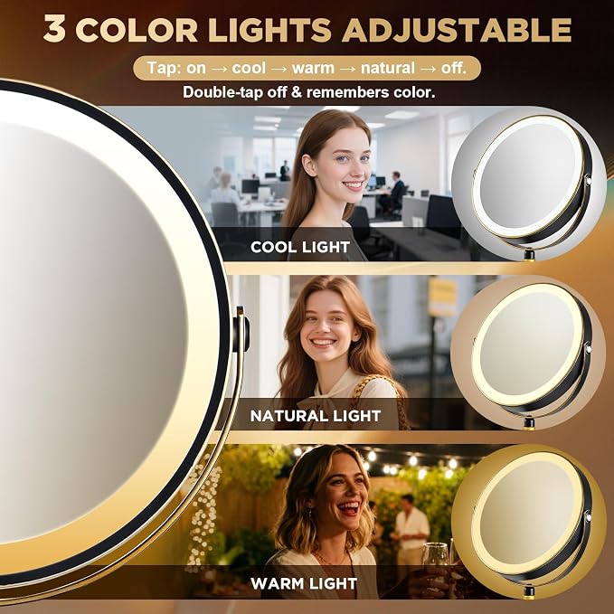 Lighted Makeup Mirror, 20x Magnifying - Matte Black with Gold Trim | Rechargeable Double Side Vanity Mirror, 3 Colors with Brightness Adjustable, Modern Style Side Touch & Charge, Women Gift