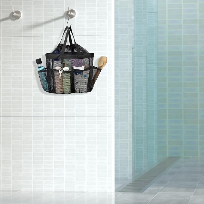 F-color Mesh Shower Caddy Portable with Drawstring - Large 8 Pockets Dorm Room Essentials for Guys Girls with S Hook, Shower Bag Basket Tote for College Camping Travel Bathroom, 2 Pack Black & Pink