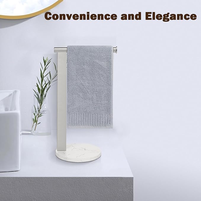 Hand Towel Holder Stand for Bathroom, L- Shaped Standing Hand Towel Rack, Towel Bar Kitchen Vanity Countertop Organizer, SUS304 Stainless Steel Material (Marble Base, Brushed Nickel)