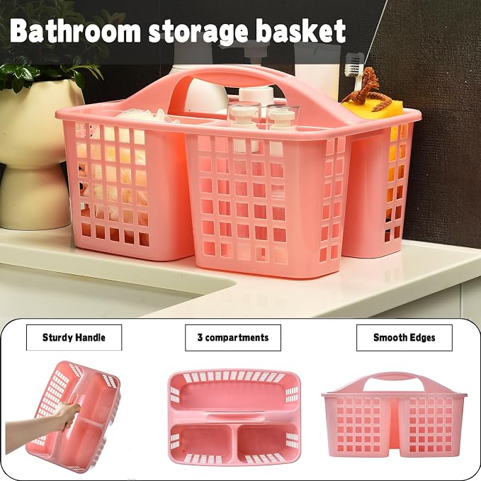 Haundry Plastic Shower Caddy Basket with 3 Compartments, Portable Divided Cleaning Supply Storage Organizer with Handle (Pink)