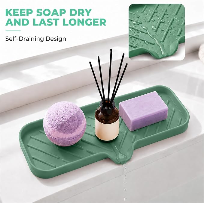 MicoYang Silicone Soap Dish with Drain Spout — Self-Draining Double Sink Organizer Tray for Kitchen & Bathroom, Dispensers, Sponges & Soap Holder, Non-Slip & Dishwasher Safe, Green (Large, 12"×4")