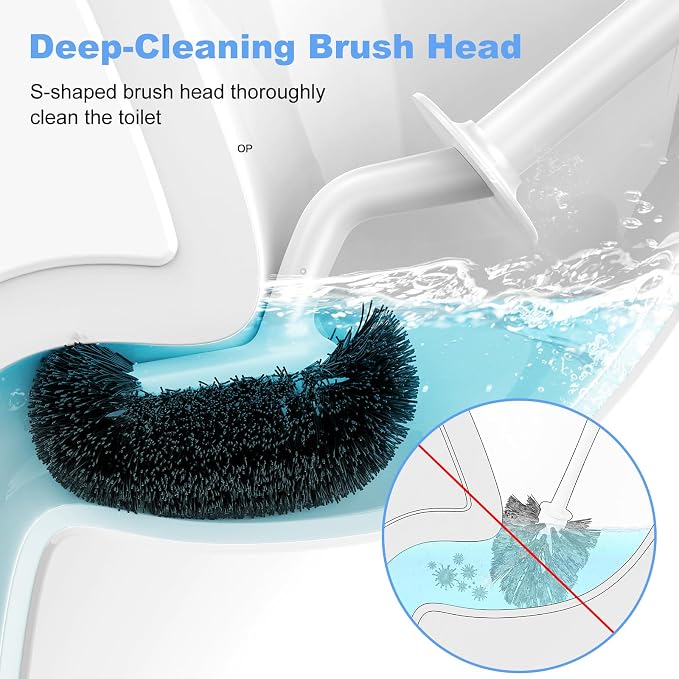 HAMITOR Toilet Bowl Brush Holder Set: Curved Design with Holder for Deep Cleaning Under Rim - Compact Hidden Scrubber for Small Space - Modern RV Bathroom Accessories - 2 Pack