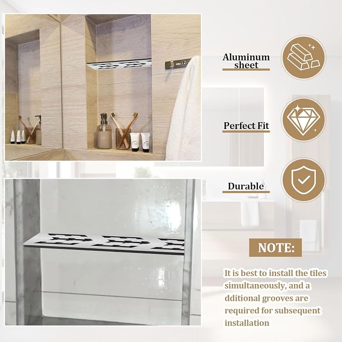 Rectangular Shelf for 12 Inch Tile Prefabricated Niches, Shower Niche Shelf with Brushed Anodized Aluminum Finish, Fits 1/8 inch Grout Lines Shower Niche Insert