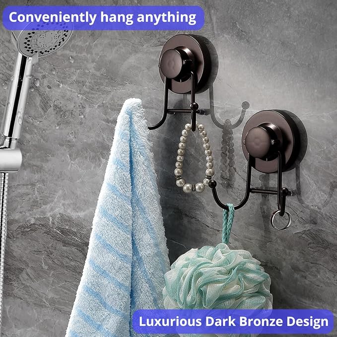HOME SO Suction Cup Hooks for Shower & Bathroom Towel Holder 2-Pack – Suction Cups Hooks for Hanging Towels, Robes, & Coats - Tiles, Glass Door or Mirror – Shower and Towel Hooks - Bronze, Stainless