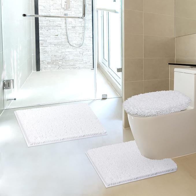 TREETONE Chenille Bath Mat 3 Piece Bathroom Rugs Set, 20x20 Inchs U-Shape Contoured Toilet Mat & 20x32 Inchs Rug & Lid Cover, Soft, Water Absorbent Plush Rugs for Tub Shower & Bath Room -White | 3 Mats-20"x32"/Contour/Lid Cover, White, Rubber Backing, ...