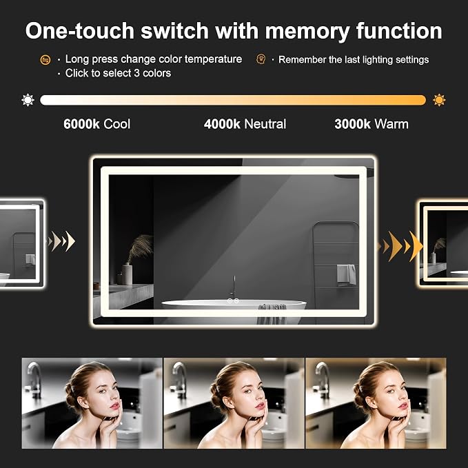 TRAHOME LED Bathroom Vanity Mirror with Lights, 30"x55" Lighted Wall Mirror | Front and Backlit, Anti Fog, Dimmable 3 Color Lighting, Memory Function, Shatterproof Glass, Plug in or Hardwired