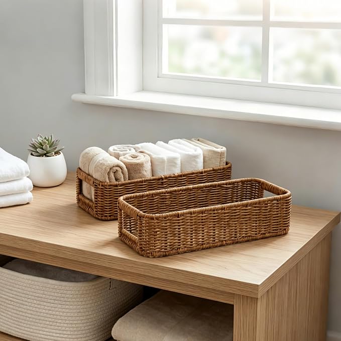 ZAVOOS Toilet Tank Basket, 2 Pack, Handwoven Built-in Handle | Rectangular Wicker Shelf Baskets for Organizing, Countertop Storage Bin for Bathroom Tank Top, Bedroom Closet