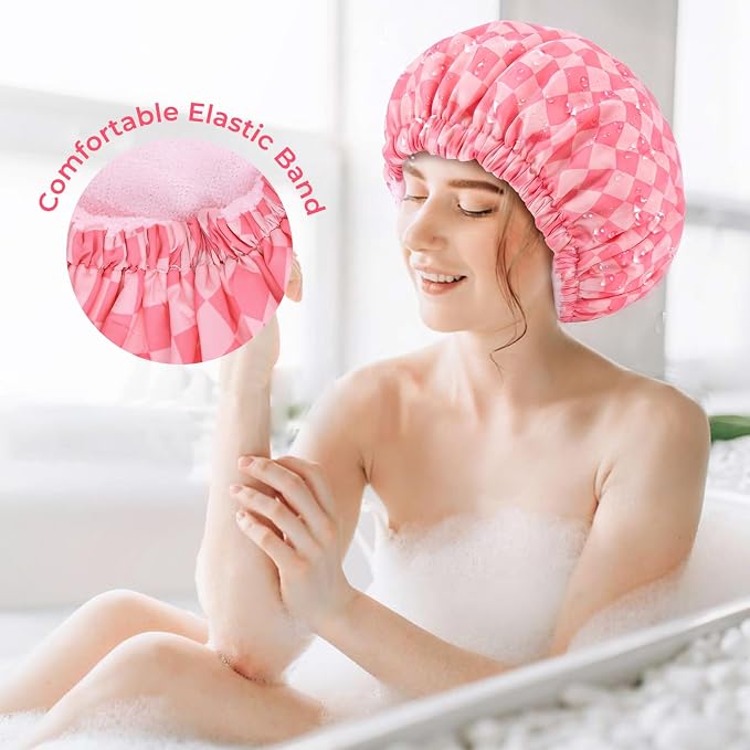 Shower Cap for Women Terry Lined Bath Cap Large Reusable Waterproof Elastic Pink Checkered Shower Caps for Long Thick Hair Soft Bath Shower Hair Caps