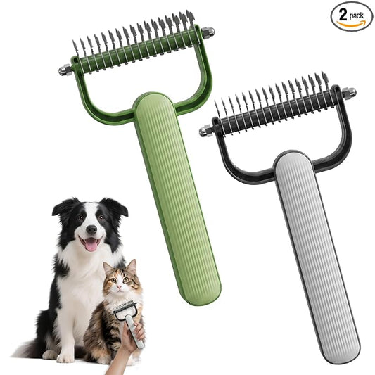 2 Pcs 2026 New Double-Sided Dematting Comb for Dogs & Cats, Pet Grooming Tool for Long Haired Thick Double Coat Pets, Undercoat Rake Deshedding Brush for Tangles Matted Shedding Fur, L