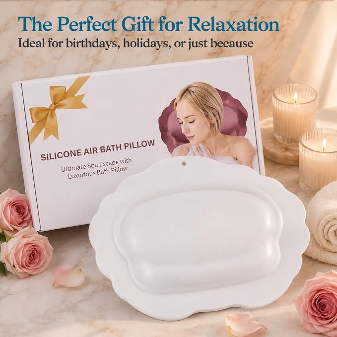 Bath Pillow for Tub, Inflatable Silicone Bathtub Pillow for Head & Neck Support, Adjustable 0-2.3" Height, 7 Strong Suction Cups, Waterproof, Quick-Drying, Luxury Spa Gifts (White)