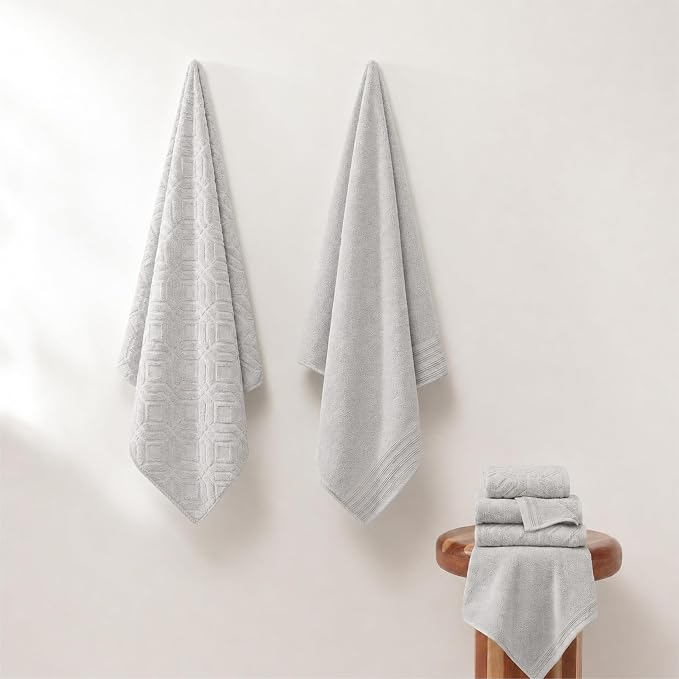 Modern Threads 6 Piece Cotton Bath Towel Set – Ultra Soft 550 GSM Towels – Bathroom Set with Hand Towels and Washcloths – Geometric (Silver Cloud)