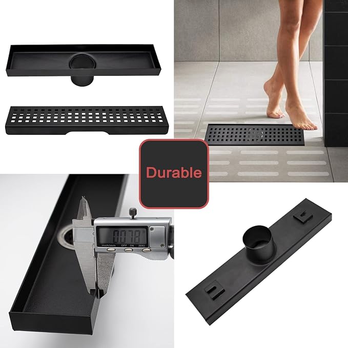12 Inch Linear Shower Drain with Accessories, Rectangular Floor Drain 304 Stainless Steel Quadrato Pattern Removable Cover Matte Black