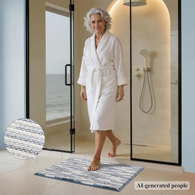BSICPRO Bathroom Rugs Sets 2 Piece, Modern Bath Mat 20"x32"+16"x24", Blue | Loop Pile Chenille, Non Slip TPR Rubber Backing, Abstract Stripe, Soft Thick Absorbent Washable, Shower Rug for Bathroom