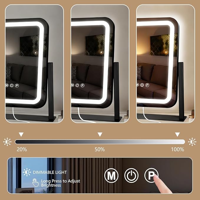 Ratsamee Black Vanity Mirror with Lights 15"×13", Led Makeup Mirror, Lighted Makeup Mirror with 3 Color Dimmable Lights, Smart Touch Screen Control, 360°Rotation