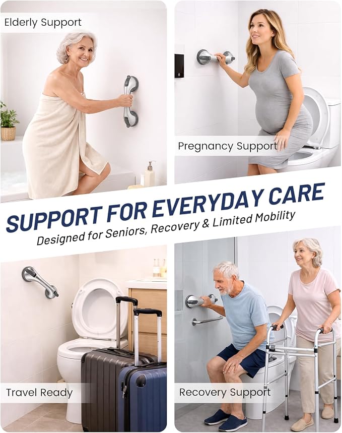 Gel-Enhanced Shower Grab Bars for Seniors and Elderly, Heavy Duty Suction Safety Bars for Bathtubs and Showers, No Drilling Removable Bathroom Handles for Tub and Shower Support, Silver